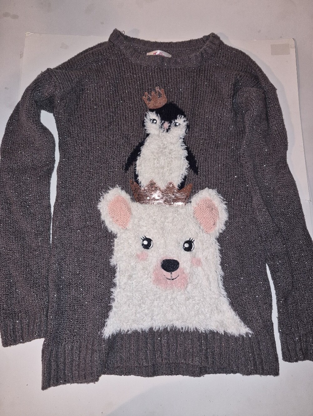 Justice Girls' Gray Novelty Penguin & Polar Bear Plush Sweater 14